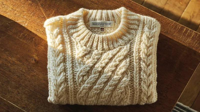 Cremefarbener Zopfstrickpullover gefaltet auf einem abgenutzten Eichentisch, Strickstruktur sichtbar